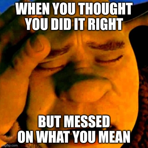 i hate when this happens | WHEN YOU THOUGHT YOU DID IT RIGHT; BUT MESSED ON WHAT YOU MEAN | image tagged in sad shrek | made w/ Imgflip meme maker