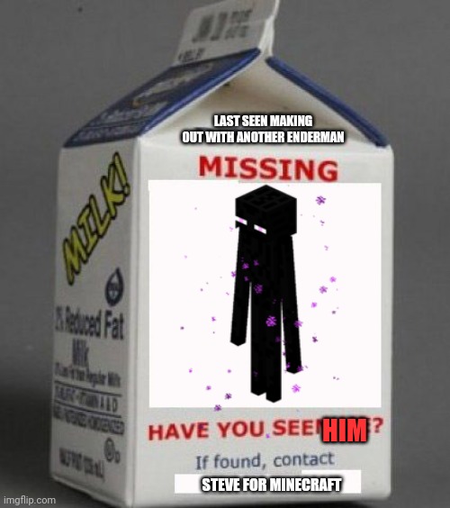 Ayo? Wats this? | LAST SEEN MAKING OUT WITH ANOTHER ENDERMAN; HIM; STEVE FOR MINECRAFT | image tagged in milk carton | made w/ Imgflip meme maker
