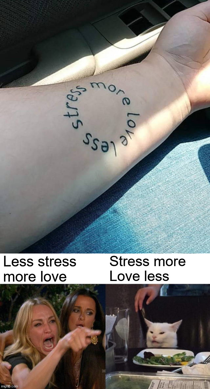 Less stress
more love; Stress more
Love less | image tagged in memes,woman yelling at cat | made w/ Imgflip meme maker