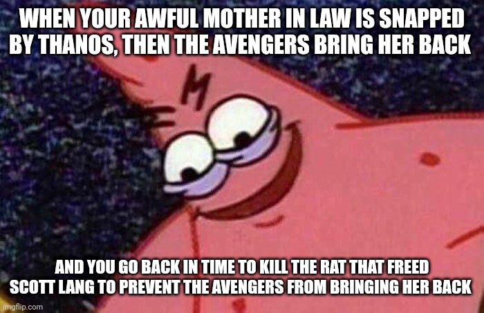 The plan made perfect sense three minutes ago | WHEN YOUR AWFUL MOTHER IN LAW IS SNAPPED BY THANOS, THEN THE AVENGERS BRING HER BACK; AND YOU GO BACK IN TIME TO KILL THE RAT THAT FREED SCOTT LANG TO PREVENT THE AVENGERS FROM BRINGING HER BACK | image tagged in evil patrick | made w/ Imgflip meme maker
