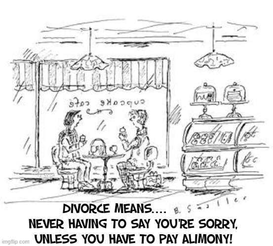 When the Love Story Ends... | DIVORCE MEANS....        
NEVER HAVING TO SAY YOU'RE SORRY,
UNLESS YOU HAVE TO PAY ALIMONY! | image tagged in vince vance,comics/cartoons,memes,cafe,divorce,alimony | made w/ Imgflip meme maker