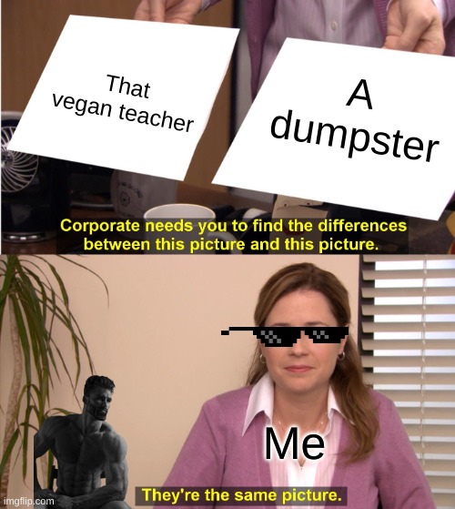 They're The Same Picture | That vegan teacher; A dumpster; Me | image tagged in memes,they're the same picture | made w/ Imgflip meme maker