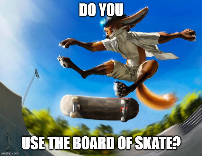 Do you skateboard too?  Art by Rascheln | DO YOU; USE THE BOARD OF SKATE? | image tagged in skateboarding,stop reading the tags,uwu | made w/ Imgflip meme maker
