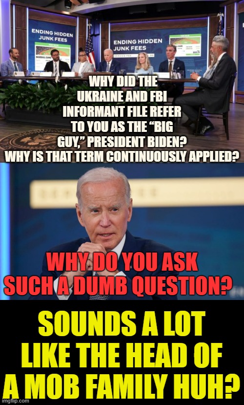The "Big Guy" | WHY DID THE UKRAINE AND FBI INFORMANT FILE REFER TO YOU AS THE “BIG GUY,” PRESIDENT BIDEN? WHY IS THAT TERM CONTINUOUSLY APPLIED? WHY DO YOU ASK SUCH A DUMB QUESTION? SOUNDS A LOT LIKE THE HEAD OF A MOB FAMILY HUH? | image tagged in memes,politics,joe biden,big,guy,dumb question | made w/ Imgflip meme maker