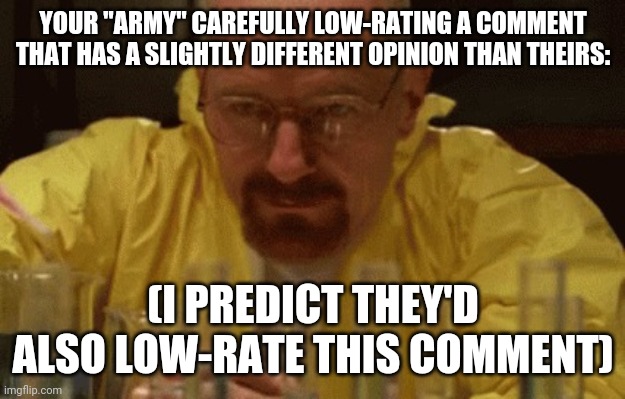 USed in comment. | YOUR "ARMY" CAREFULLY LOW-RATING A COMMENT THAT HAS A SLIGHTLY DIFFERENT OPINION THAN THEIRS:; (I PREDICT THEY'D ALSO LOW-RATE THIS COMMENT) | image tagged in walter white cooking,comment | made w/ Imgflip meme maker