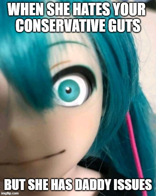 Conservative Daddy | WHEN SHE HATES YOUR 
CONSERVATIVE GUTS; BUT SHE HAS DADDY ISSUES | image tagged in daddy issues,daddy,who's your daddy,sugar daddy,squirtle,baby girl | made w/ Imgflip meme maker