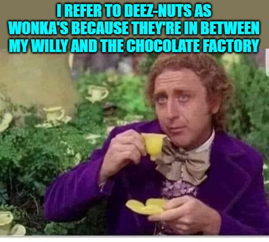 Willi's Wonka's | I REFER TO DEEZ-NUTS AS WONKA'S BECAUSE THEY'RE IN BETWEEN MY WILLY AND THE CHOCOLATE FACTORY | image tagged in wonka's,willi's,kewlew | made w/ Imgflip meme maker
