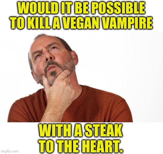 Hmm | WOULD IT BE POSSIBLE TO KILL A VEGAN VAMPIRE; WITH A STEAK TO THE HEART. | image tagged in hmmm | made w/ Imgflip meme maker