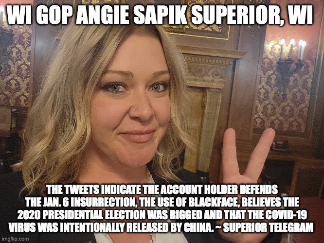 WI GOP ANGIE SAPIK SUPERIOR, WI; THE TWEETS INDICATE THE ACCOUNT HOLDER DEFENDS THE JAN. 6 INSURRECTION, THE USE OF BLACKFACE, BELIEVES THE 2020 PRESIDENTIAL ELECTION WAS RIGGED AND THAT THE COVID-19 VIRUS WAS INTENTIONALLY RELEASED BY CHINA. ~ SUPERIOR TELEGRAM | made w/ Imgflip meme maker