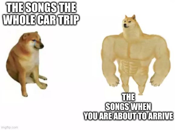 all the time sadley | THE SONGS WHEN YOU ARE ABOUT TO ARRIVE; THE SONGS THE WHOLE CAR TRIP | image tagged in buff doge vs cheems reversed | made w/ Imgflip meme maker