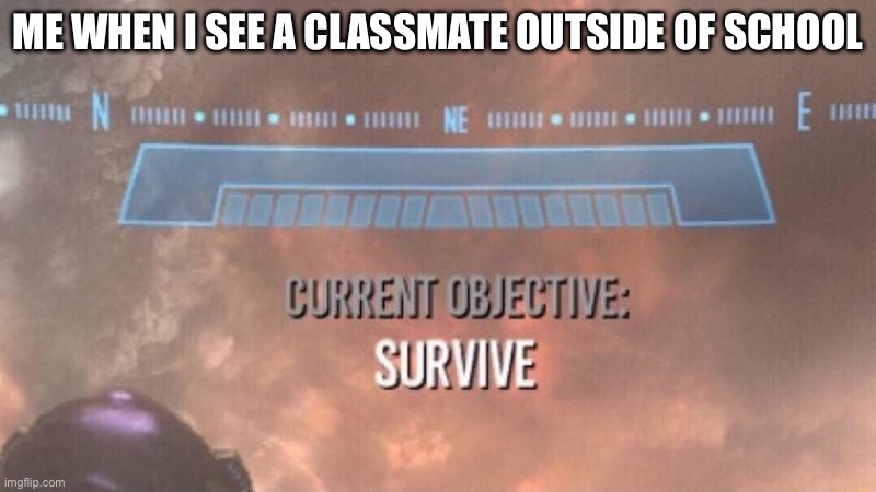 Current Objective: Survive | ME WHEN I SEE A CLASSMATE OUTSIDE OF SCHOOL | image tagged in current objective survive | made w/ Imgflip meme maker