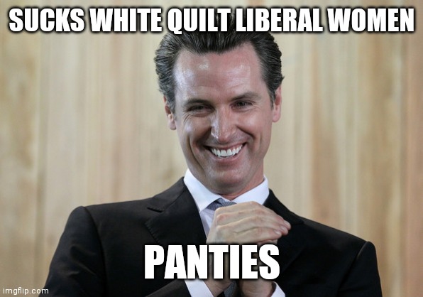 Gavin Newsome Is Your Captain | SUCKS WHITE QUILT LIBERAL WOMEN; PANTIES | image tagged in scheming gavin newsom,love,exciting and new,california is a shithole | made w/ Imgflip meme maker