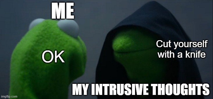 Wait... should I??? | ME; Cut yourself with a knife; OK; MY INTRUSIVE THOUGHTS | image tagged in memes,evil kermit | made w/ Imgflip meme maker