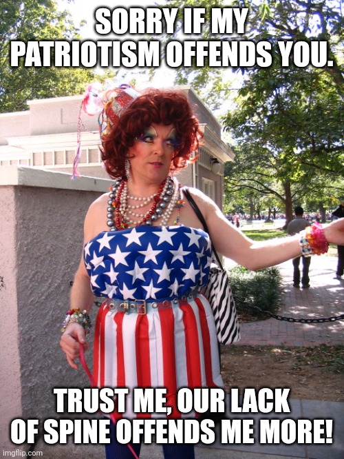 Sorry if my patriotism offends you | SORRY IF MY PATRIOTISM OFFENDS YOU. TRUST ME, OUR LACK OF SPINE OFFENDS ME MORE! | image tagged in drag queen,conservatives,republican,democrat,lgbtq,trump | made w/ Imgflip meme maker