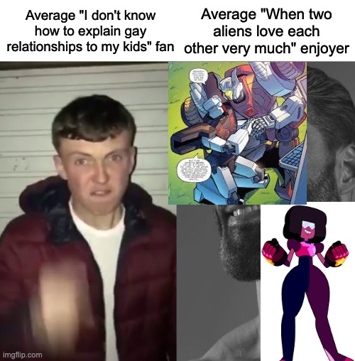 It's not that hard when you put even the slightest bit of effort in | Average "When two aliens love each other very much" enjoyer; Average "I don't know how to explain gay relationships to my kids" fan | image tagged in average fan vs average enjoyer,lgbtq,steven universe,transformers | made w/ Imgflip meme maker