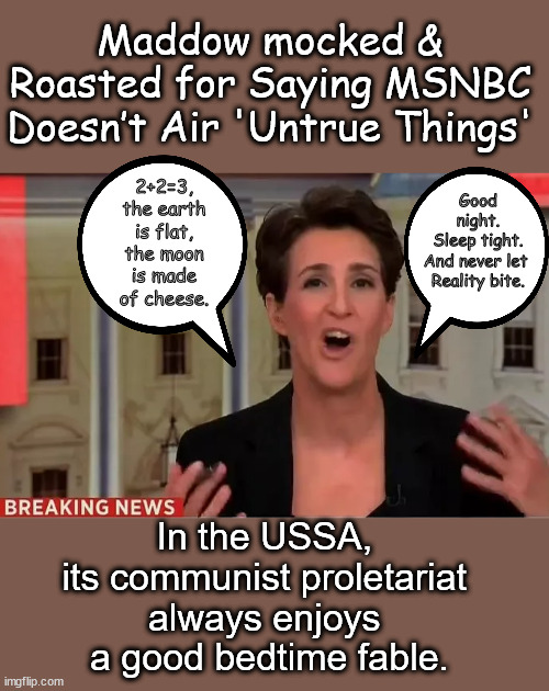MSNBC has spoken and Truth dies in you. | Maddow mocked & Roasted for Saying MSNBC Doesn’t Air 'Untrue Things'; Good night.
Sleep tight.
And never let 
Reality bite. 2+2=3,
the earth is flat,
the moon is made of cheese. In the USSA, 
its communist proletariat 
always enjoys 
a good bedtime fable. | image tagged in memes,poliotics,maddow,truth | made w/ Imgflip meme maker