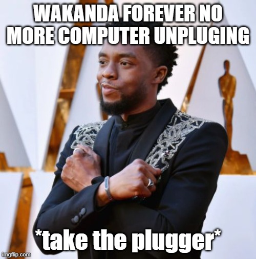 Plugger War | WAKANDA FOREVER NO MORE COMPUTER UNPLUGING; *take the plugger* | image tagged in wakanda forever | made w/ Imgflip meme maker