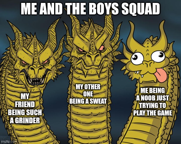 Three-headed Dragon | ME AND THE BOYS SQUAD; MY OTHER ONE BEING A SWEAT; ME BEING A NOOB JUST TRYING TO PLAY THE GAME; MY FRIEND BEING SUCH A GRINDER | image tagged in three-headed dragon | made w/ Imgflip meme maker