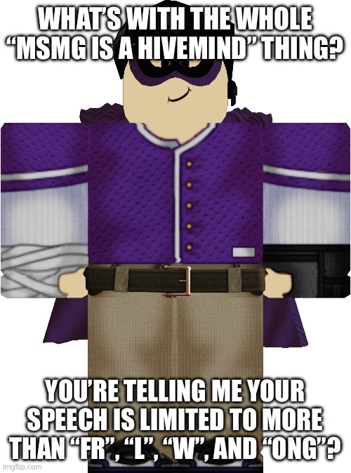 Bloxy Boy | WHAT’S WITH THE WHOLE “MSMG IS A HIVEMIND” THING? YOU’RE TELLING ME YOUR SPEECH IS LIMITED TO MORE THAN “FR”, “L”, “W”, AND “ONG”? | image tagged in bloxy boy | made w/ Imgflip meme maker