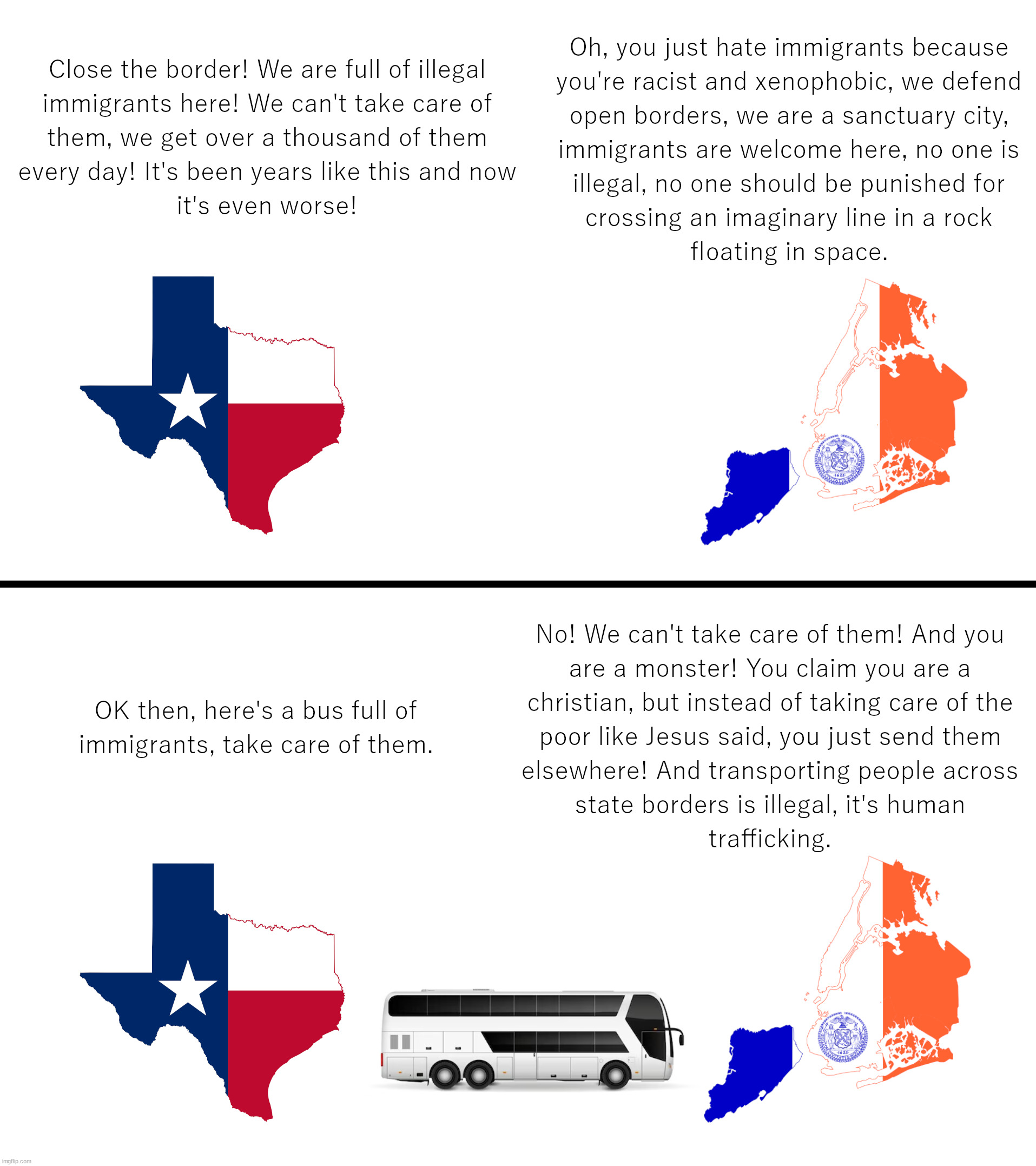 Sanctuary Cities | image tagged in sanctuary cities,texas,new york,busing,migrants,border | made w/ Imgflip meme maker