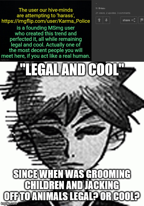 she keeps sending lewd messages to sinxyt, basically grooming him. | "LEGAL AND COOL"; SINCE WHEN WAS GROOMING CHILDREN AND JACKING OFF TO ANIMALS LEGAL? OR COOL? | made w/ Imgflip meme maker