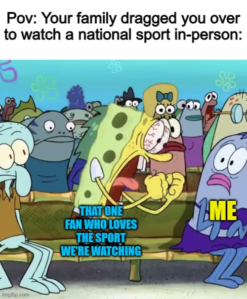 Can I get some peace? @_@ (True story btw -_-) | Pov: Your family dragged you over to watch a national sport in-person:; ME; THAT ONE FAN WHO LOVES THE SPORT WE'RE WATCHING | image tagged in spongebob yelling | made w/ Imgflip meme maker