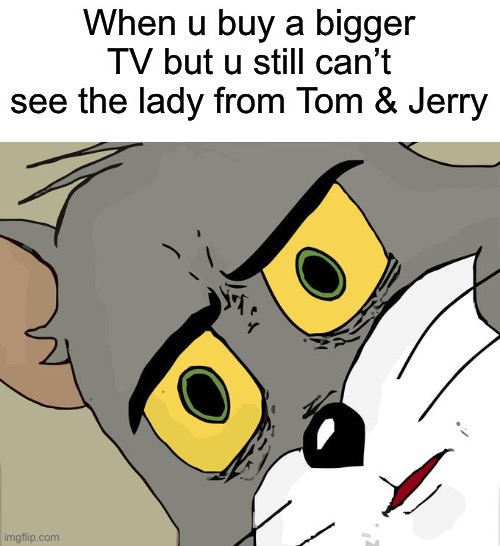 Fr | When u buy a bigger TV but u still can’t see the lady from Tom & Jerry | image tagged in memes,unsettled tom | made w/ Imgflip meme maker