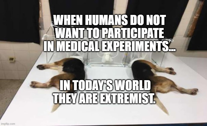 Fauci Beagles | WHEN HUMANS DO NOT WANT TO PARTICIPATE IN MEDICAL EXPERIMENTS... IN TODAY'S WORLD THEY ARE EXTREMIST. | image tagged in fauci beagles | made w/ Imgflip meme maker