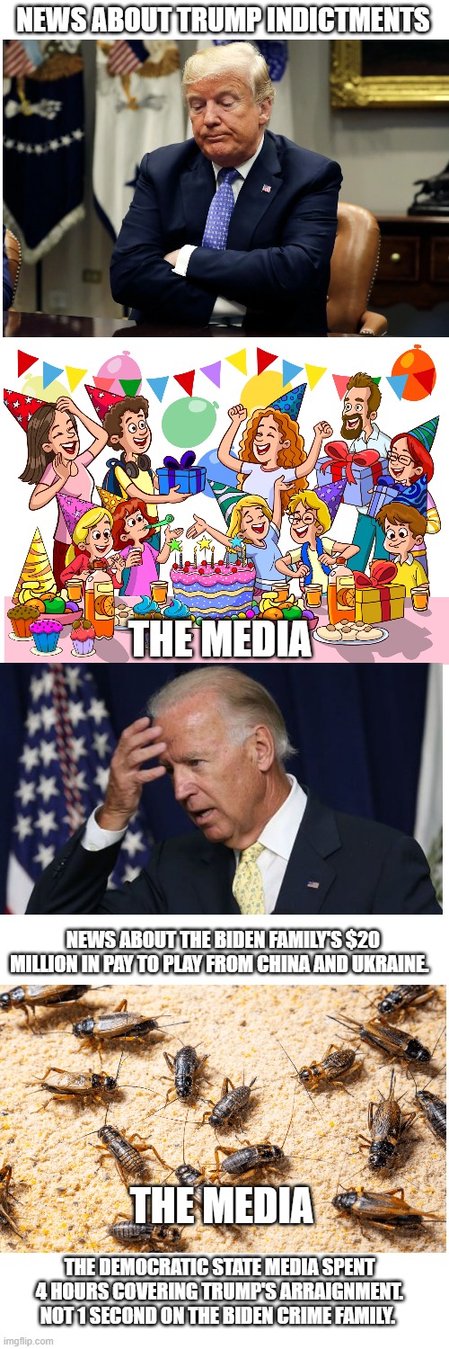 Our media is dead | NEWS ABOUT TRUMP INDICTMENTS; THE MEDIA; NEWS ABOUT THE BIDEN FAMILY'S $20 MILLION IN PAY TO PLAY FROM CHINA AND UKRAINE. THE MEDIA; THE DEMOCRATIC STATE MEDIA SPENT 4 HOURS COVERING TRUMP'S ARRAIGNMENT. NOT 1 SECOND ON THE BIDEN CRIME FAMILY. | image tagged in memes,media | made w/ Imgflip meme maker