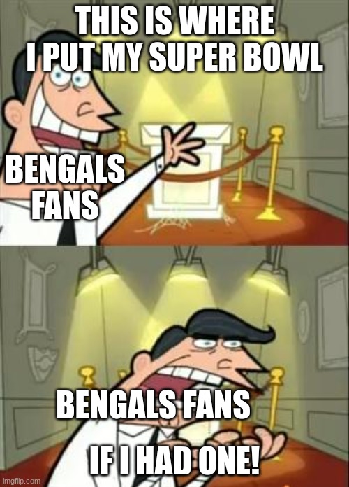bengals fans | THIS IS WHERE I PUT MY SUPER BOWL; BENGALS FANS; IF I HAD ONE! BENGALS FANS | image tagged in memes,this is where i'd put my trophy if i had one,nfl football | made w/ Imgflip meme maker