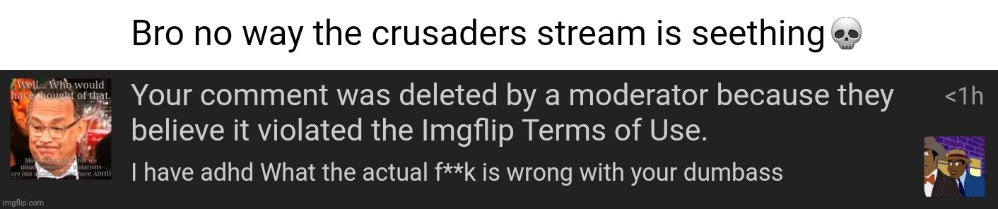 Bro no way the crusaders stream is seething💀 | made w/ Imgflip meme maker