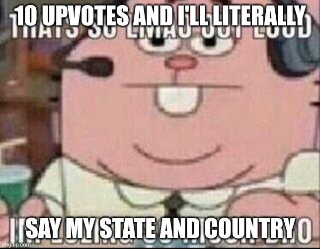 I’m loling so much rn | 10 UPVOTES AND I'LL LITERALLY; SAY MY STATE AND COUNTRY | image tagged in i m loling so much rn | made w/ Imgflip meme maker