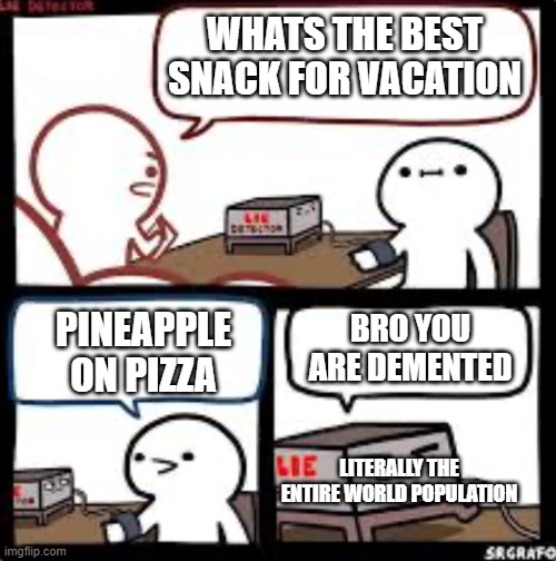 its true though | WHATS THE BEST SNACK FOR VACATION; PINEAPPLE ON PIZZA; BRO YOU ARE DEMENTED; LITERALLY THE ENTIRE WORLD POPULATION | image tagged in srgrafo lie detector,pineapple pizza,funny,memes,literally,featured | made w/ Imgflip meme maker