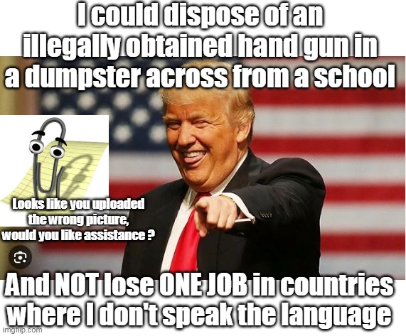 Hunter Briben above the law ??? | I could dispose of an illegally obtained hand gun in a dumpster across from a school; Looks like you uploaded the wrong picture, would you like assistance ? And NOT lose ONE JOB in countries where I don't speak the language | image tagged in 85 k a month to smoke crack and get foot jobs | made w/ Imgflip meme maker