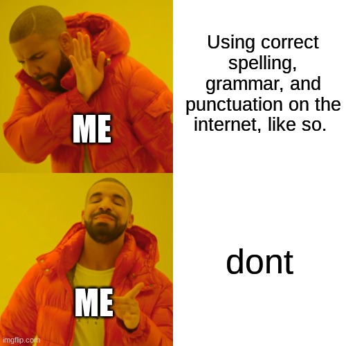 honestly who uses correct punctuation spelling and grammar on the internet | Using correct spelling, grammar, and punctuation on the internet, like so. ME; dont; ME | image tagged in memes,drake hotline bling | made w/ Imgflip meme maker