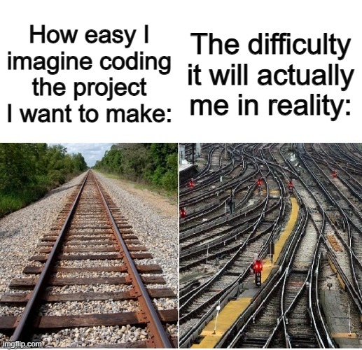 Very true ;-; | The difficulty it will actually me in reality:; How easy I imagine coding the project I want to make: | image tagged in it's not that complicated | made w/ Imgflip meme maker