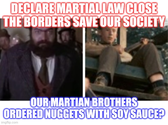 What? | DECLARE MARTIAL LAW CLOSE THE BORDERS SAVE OUR SOCIETY; OUR MARTIAN BROTHERS ORDERED NUGGETS WITH SOY SAUCE? | image tagged in funny memes | made w/ Imgflip meme maker