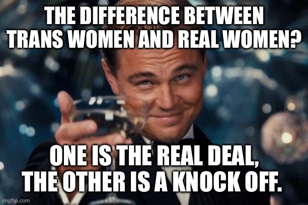 Leonardo Dicaprio Cheers Meme | THE DIFFERENCE BETWEEN TRANS WOMEN AND REAL WOMEN? ONE IS THE REAL DEAL, THE OTHER IS A KNOCK OFF. | image tagged in memes,leonardo dicaprio cheers | made w/ Imgflip meme maker