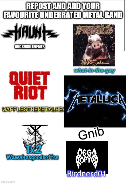 Repost but add your favorite underrated metal band | Birdnerd01 | made w/ Imgflip meme maker