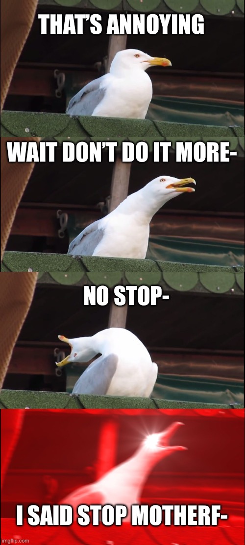 Inhaling Seagull | THAT’S ANNOYING; WAIT DON’T DO IT MORE-; NO STOP-; I SAID STOP MOTHERF- | image tagged in memes,inhaling seagull | made w/ Imgflip meme maker