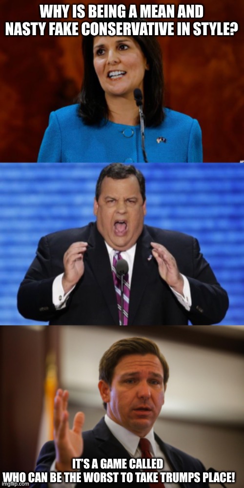 WHY IS BEING A MEAN AND NASTY FAKE CONSERVATIVE IN STYLE? IT’S A GAME CALLED 
WHO CAN BE THE WORST TO TAKE TRUMPS PLACE! | image tagged in nikki haley,chris christie fat,florida gov ron de santis trying to remember his last flipflop | made w/ Imgflip meme maker