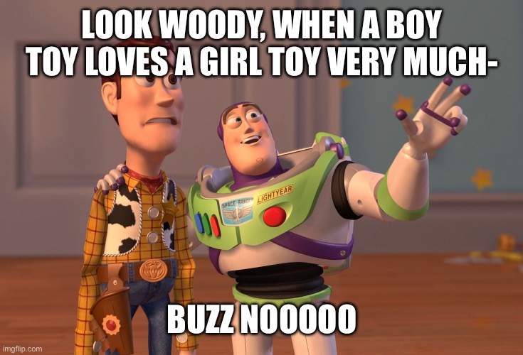 X, X Everywhere Meme | LOOK WOODY, WHEN A BOY TOY LOVES A GIRL TOY VERY MUCH-; BUZZ NOOOOO | image tagged in memes,x x everywhere | made w/ Imgflip meme maker