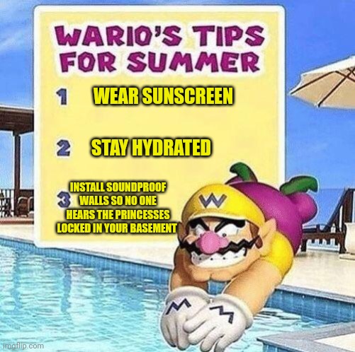 Roll safe! | WEAR SUNSCREEN; STAY HYDRATED; INSTALL SOUNDPROOF WALLS SO NO ONE HEARS THE PRINCESSES LOCKED IN YOUR BASEMENT | image tagged in warios tips for summer,roll safe think about it,wario,torture,basement | made w/ Imgflip meme maker