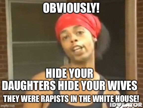 Well obviously | OBVIOUSLY! THEY WERE RAPISTS IN THE WHITE HOUSE! HIDE YOUR DAUGHTERS HIDE YOUR WIVES | image tagged in well obviously | made w/ Imgflip meme maker