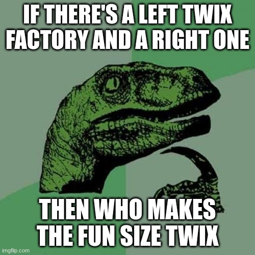 Philosoraptor Meme | IF THERE'S A LEFT TWIX FACTORY AND A RIGHT ONE; THEN WHO MAKES THE FUN SIZE TWIX | image tagged in memes,philosoraptor | made w/ Imgflip meme maker