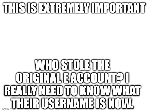 THIS IS EXTREMELY IMPORTANT; WHO STOLE THE ORIGINAL E ACCOUNT? I REALLY NEED TO KNOW WHAT THEIR USERNAME IS NOW. | made w/ Imgflip meme maker