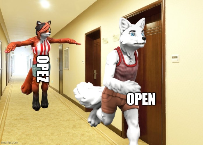 OPEZ OPEN | image tagged in candystripe running from floating gingerfox | made w/ Imgflip meme maker