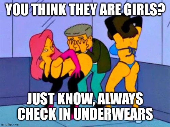 Always... | YOU THINK THEY ARE GIRLS? JUST KNOW, ALWAYS CHECK IN UNDERWEARS | image tagged in smithers gay,memes,gay | made w/ Imgflip meme maker