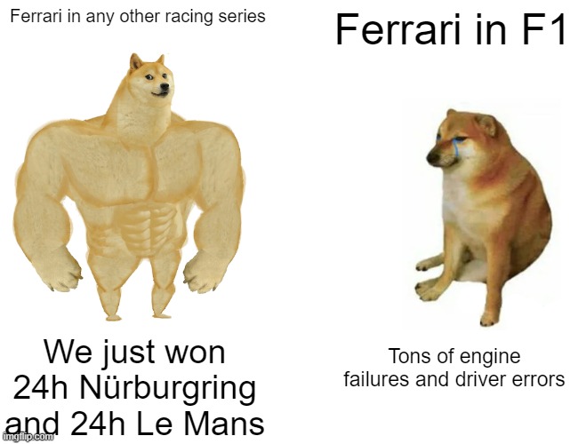 Buff Doge vs. Cheems | Ferrari in any other racing series; Ferrari in F1; We just won 24h Nürburgring and 24h Le Mans; Tons of engine failures and driver errors | image tagged in memes,buff doge vs cheems,f1 | made w/ Imgflip meme maker