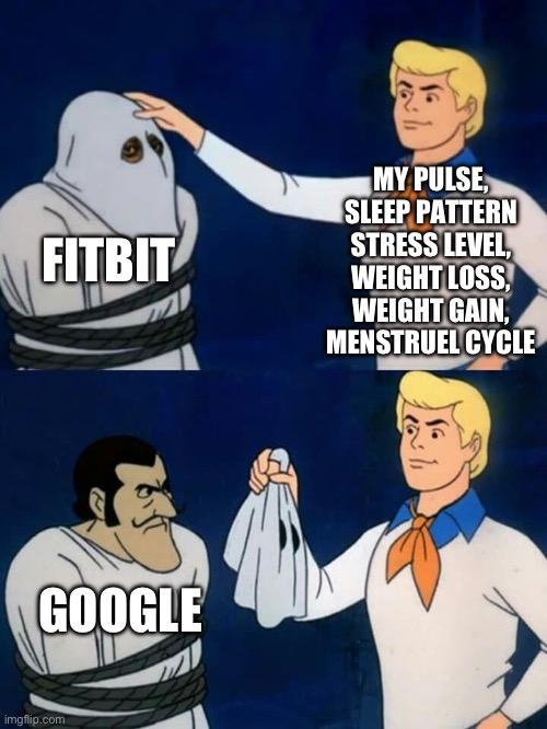 Plot twist… | MY PULSE, SLEEP PATTERN STRESS LEVEL, WEIGHT LOSS, WEIGHT GAIN, MENSTRUEL CYCLE; FITBIT; GOOGLE | image tagged in scooby doo mask reveal | made w/ Imgflip meme maker